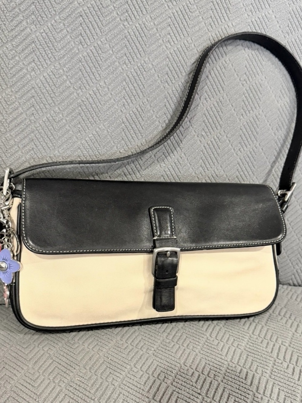 Vintage Coach 7702 Black and Cream Leather Shoulder Bag with Buckle